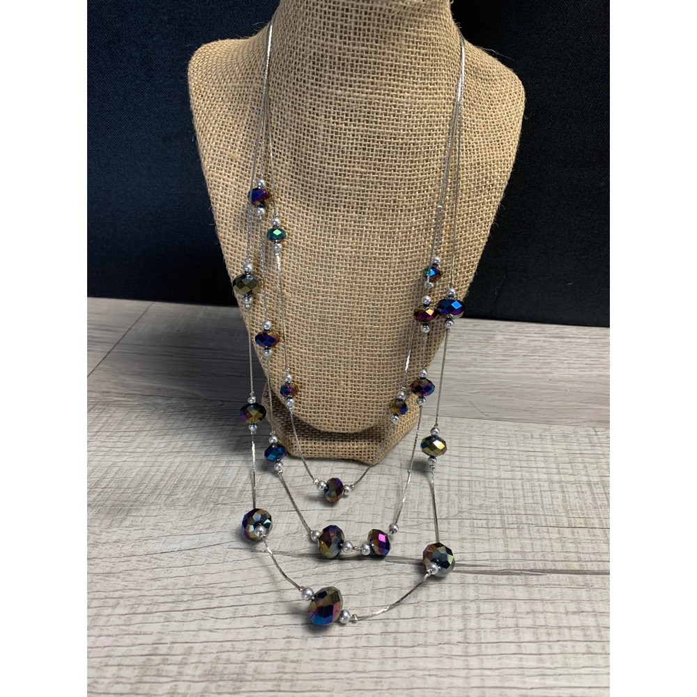 Iridescent Multi Strand Layered Necklace Silver Tone Oil Slick Faceted Beads 20"